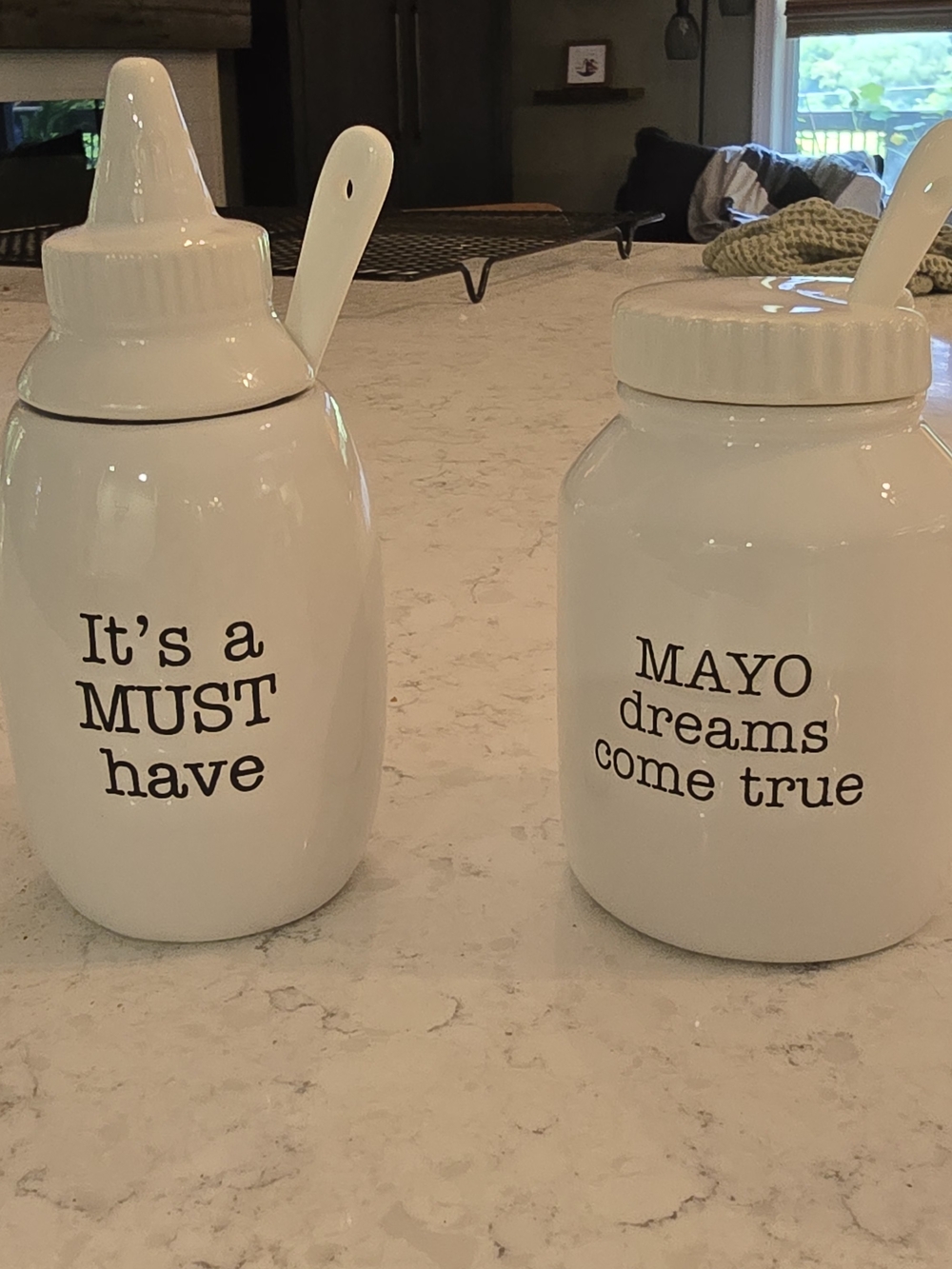 Mud Pie White Ceramic Condiment Jars with Spoons - Set of 2